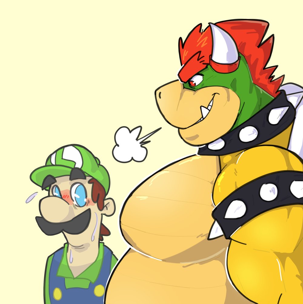 anthro armband belly blush bowser clothing collar dama624 duo eyebrows facial_hair girl_staring_at_man's_chest green_clothing hair horn human koopa luigi male mammal mario_bros muscular muscular_anthro muscular_male mustache nintendo pecs red_eyes red_hair reptile scalie simple_background spiked_armband spiked_collar spikes video_games