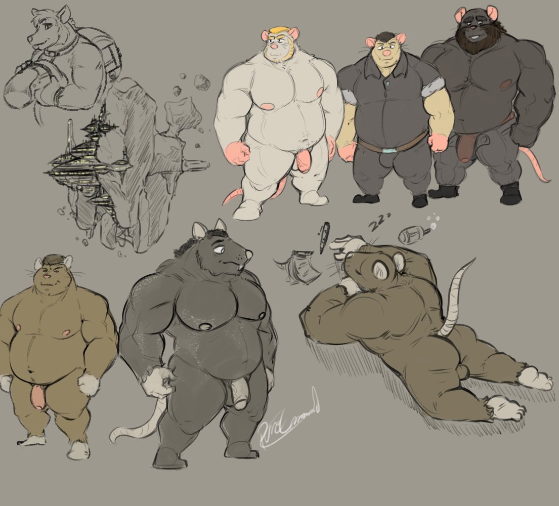 2021 anthro balls black_body black_fur bottomwear brown_body brown_fur butt clothing flaccid fur genitals group humanoid_genitalia humanoid_hands humanoid_penis lying male mammal moobs multiple_poses murid murine musclegut nipples overweight overweight_male pants penis pose pure_command rat rodent shirt topwear white_body white_fur