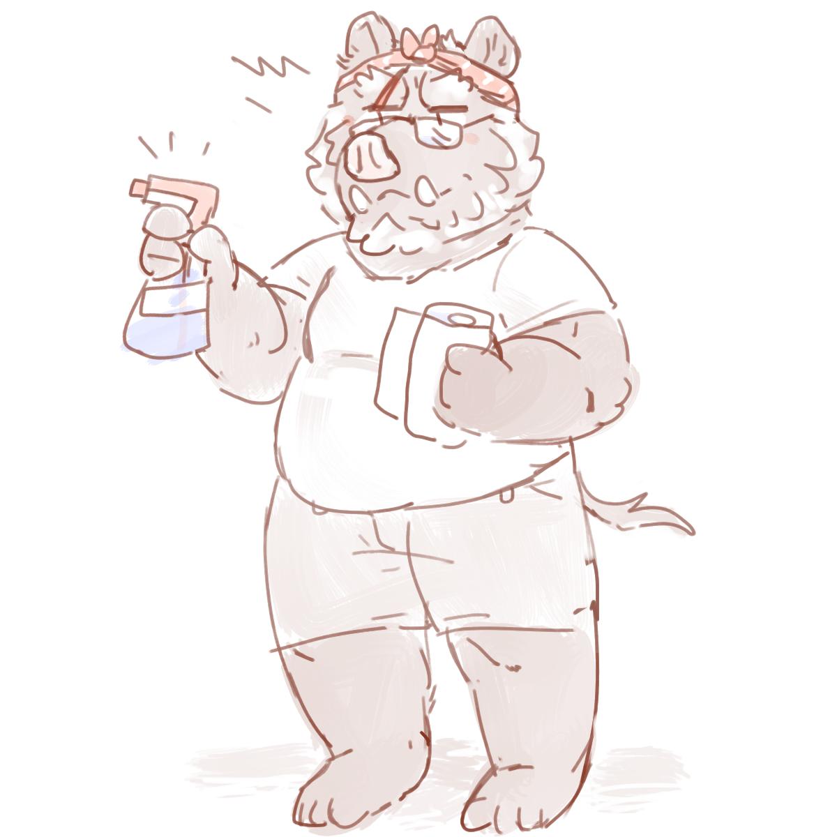 2019 anthro bandanna beard belly blush bottle bottomwear chibi cleaning_tool clothing eyewear facial_hair full-length_portrait glasses hi_res holding_object jehu_(sihai's_legacy) kerchief looking_aside male mammal overweight overweight_male paper_towel portrait scar shirt shorts sihai's_legacy simple_background solo spray_bottle standing suid suina sus_(pig) tail_tuft topwear tuft tusks white_background wild_boar yogurtmoosart