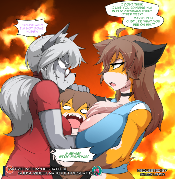 angry anthro arguing between_breasts big_breasts breast_squish breasts breasts_frottage canid canine canis clothed clothing dialogue eyewear female fighting_over_boy fox glaring glasses group huge_breasts male mammal mature_female mother open_mouth parent sagestrike2_(artist) speech_bubble squish stepmother text wolf