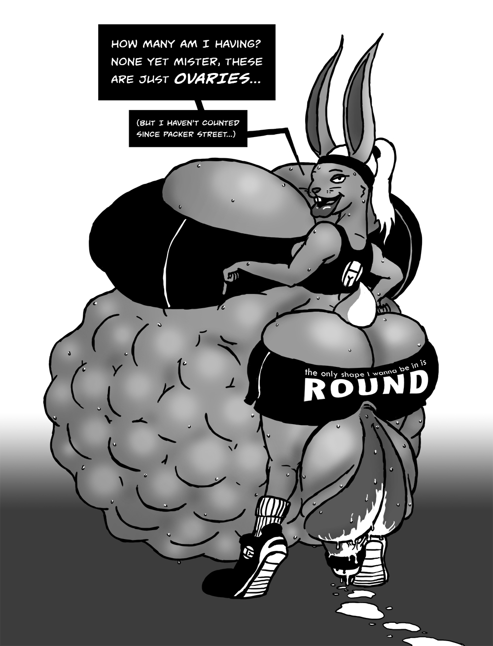 anthro big_breasts big_pussy bottomwear breasts buckteeth clothing female footwear genitals hair hi_res hotpants huge_breasts hyper hyper_breasts hyper_genitalia hyper_pussy lagomorph leporid lips mammal multi_ovaries ponytail pussy pussy_dripping rabbit rear_view shoes short_tail shorts sneakers solo speech_bubble teeth text text_on_bottomwear text_on_clothing text_on_shorts thick_lips thirty