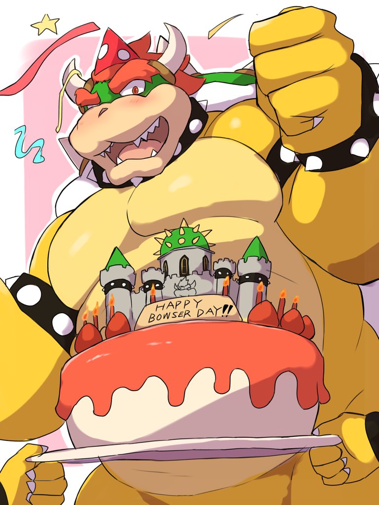 2021 3:4 anthro armband belly border bowser bowser_day bowser_jr. bracelet cake candle claws clothing collar confetti dessert duo english_text eyebrows first_person_view fist food hair hat headgear headwear holding_object holding_plate horn jewelry koopa looking_at_viewer male mario_bros musclegut muscular muscular_anthro muscular_male nintendo offering_food open_mouth open_smile overweight overweight_anthro overweight_male party_hat pecs pink_background plate scalie shell simple_background smile solo_focus spiked_armband spiked_bracelet spiked_collar spiked_shell spikes spikes_(anatomy) standing star teeth text video_games white_border yoshizaurusu_n