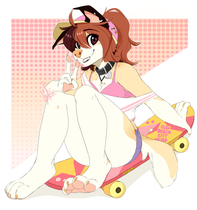 2021 4_toes 5_fingers anthro breasts brown_eyes brown_hair canid canine canis clothed clothing collar digital_media_(artwork) domestic_dog eyebrows eyelashes feet female fingers hair mammal smile toes wolflady
