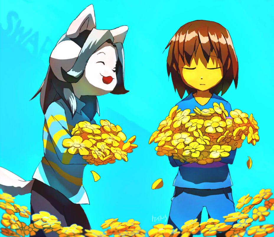 anthro canid canine clothed clothing felid feline flower fur hair human mammal open_mouth plant protagonist_(undertale) simple_background tem temmie_(undertale) topwear undertale video_games white_body white_fur