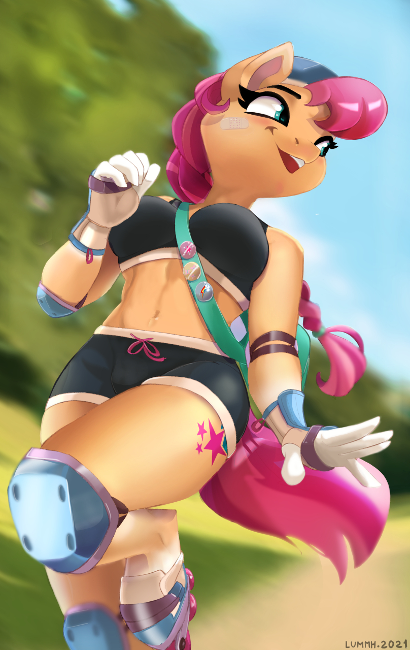 abs anthro athletic athletic_anthro athletic_female bottomwear bra braided_hair breasts chilllum clothing cute_face earth_pony equid equine exercise eyebrows female gym_bottomwear gym_clothing gym_shorts gym_uniform hair happy hasbro hi_res hooves horse inline_skates joyful looking_back mammal mlp_g5 muscular my_little_pony park plant plaster pony protective_gear shirt shorts sky solo sport sports_bra sunny_starscout_(mlp) tank_top topwear tree underwear uniform workout workout_clothing