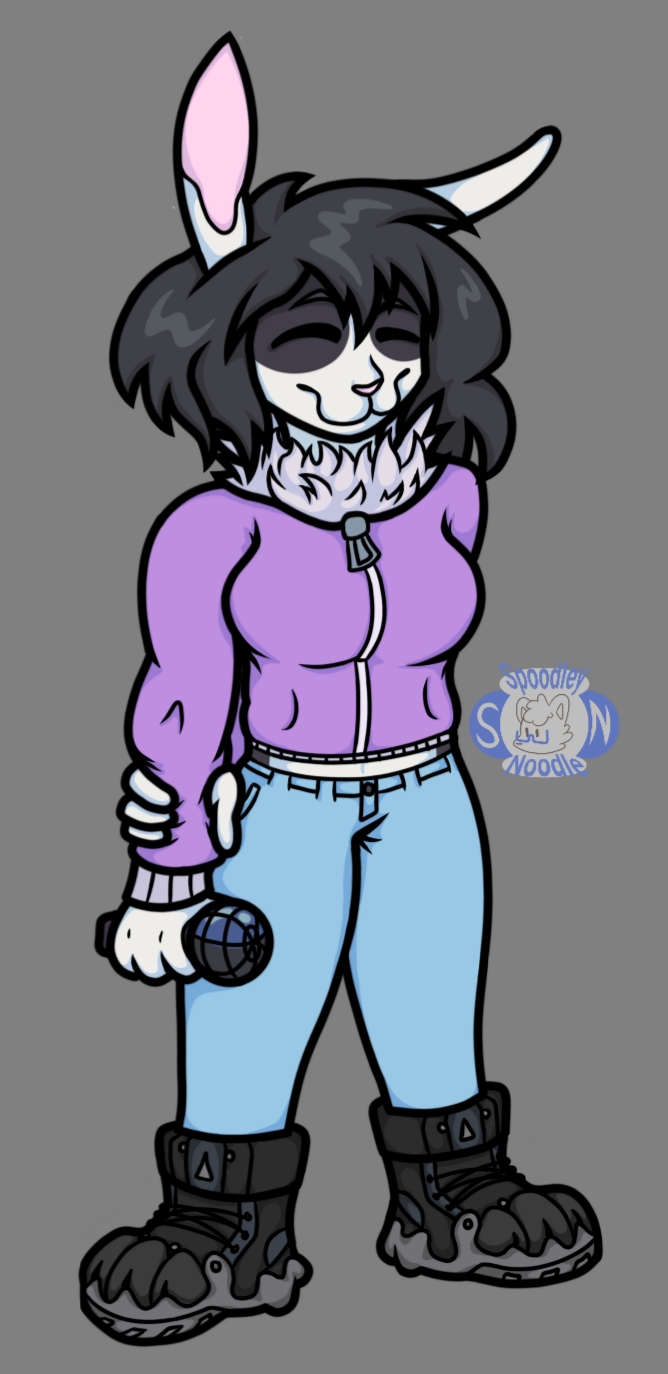 anthro clothing female friday_night_funkin' grabbing_arm hi_res jessy_walkers lagomorph leporid mammal microphone rabbit smile solo spoodley_noodle sweater topwear