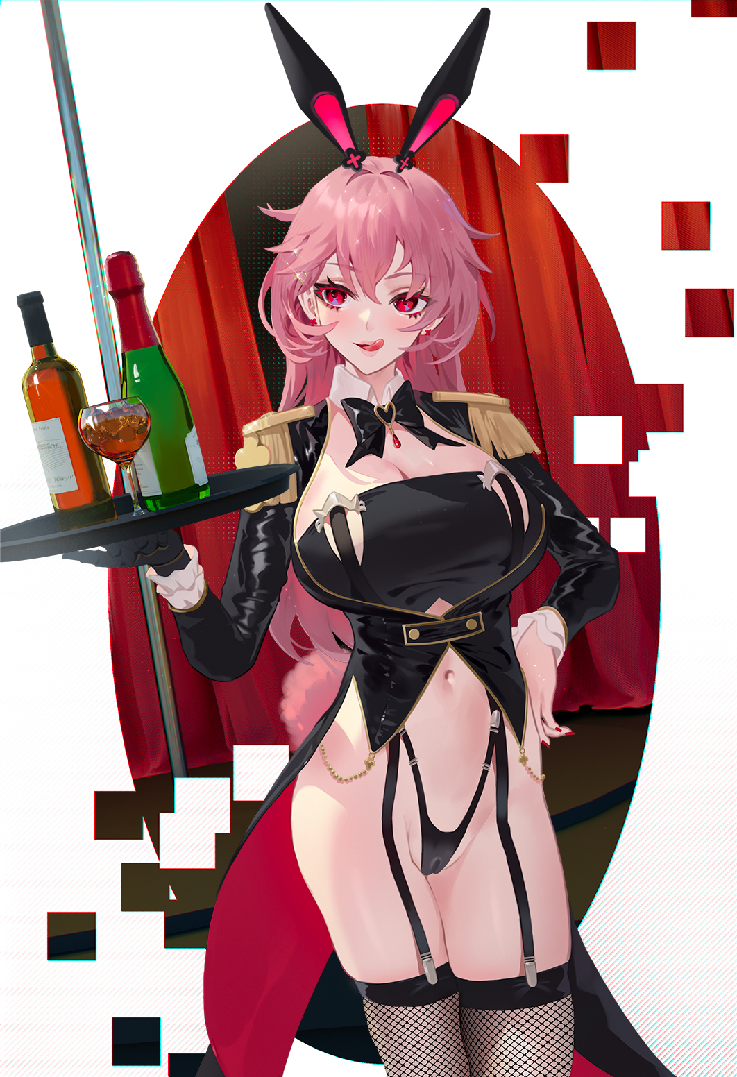 1girl :d alcohol animal_ears azur_lane black_coat black_gloves black_panties black_shirt bottle bow bowtie breasts cirilla cleavage coat cowboy_shot crop_top detached_collar duca_degli_abruzzi_(azur_lane) epaulettes fake_animal_ears fishnets garter_straps gloves hand_on_hip highleg highleg_panties highres holding large_breasts long_hair long_sleeves looking_away navel no_pants open_clothes open_coat open_mouth panties pink_hair rabbit_ears red_eyes shirt single_glove smile solo standing stomach tailcoat thighhighs thighs tongue tongue_out tray underwear wine_bottle