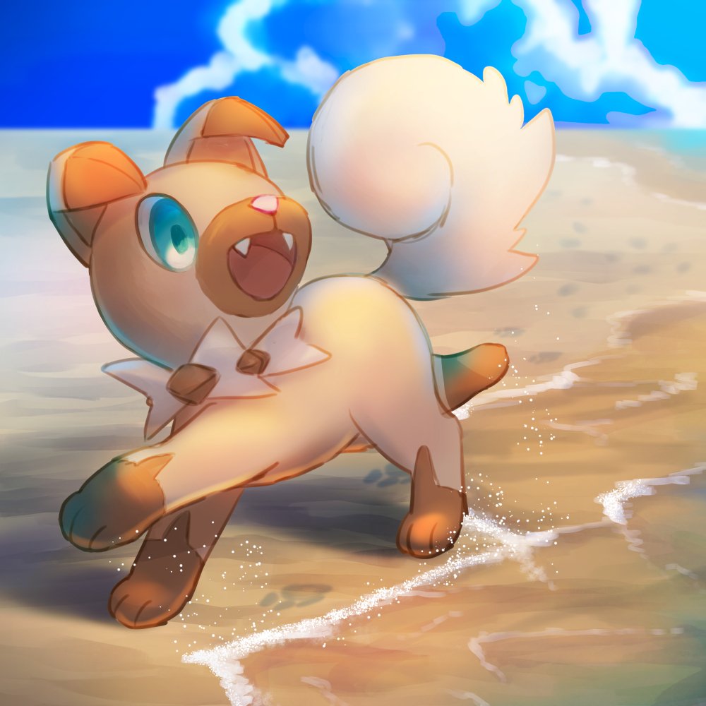 blue_eyes cloud commentary_request day fangs gen_7_pokemon kikuyoshi_(tracco) looking_to_the_side no_humans open_mouth outdoors paws pokemon pokemon_(creature) rockruff sand shore sky solo standing toes tongue water