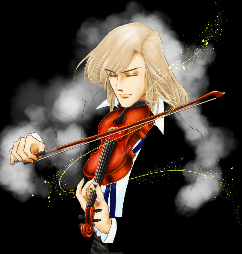 1boy bishounen black_background black_suit bow_(instrument) closed_eyes instrument klaus_sommerschmitt long_hair music orpheus_no_mado playing_instrument simple_background solo violin yuumi_yuu