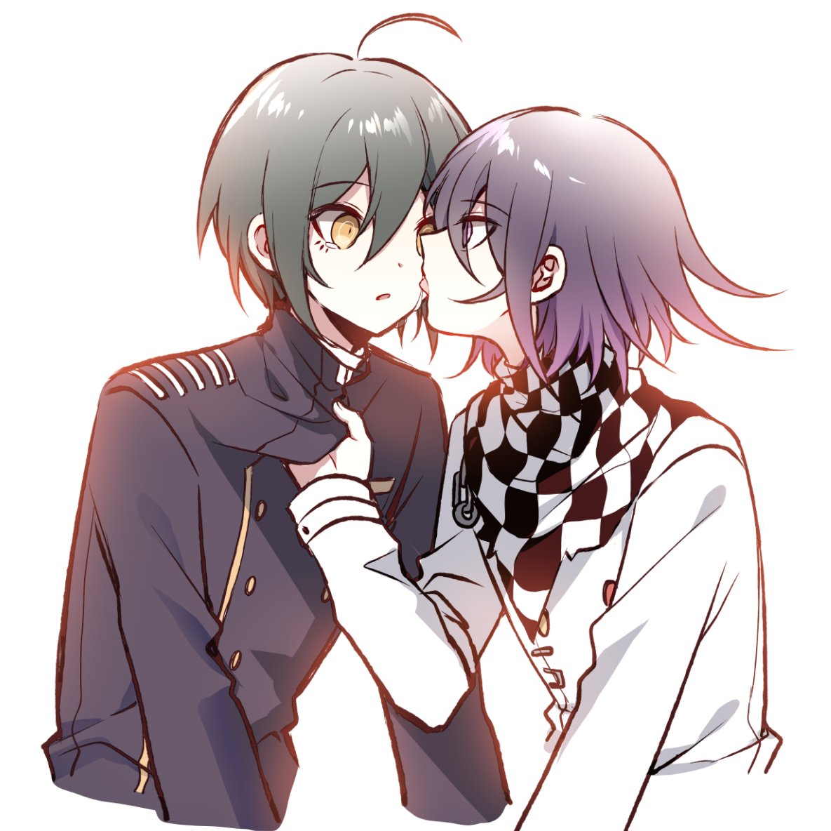 2boys ahoge alternate_hair_color bangs black_hair brown_eyes buttons checkered checkered_neckwear checkered_scarf clothes_grab commentary_request cropped_torso danganronpa_(series) danganronpa_v3:_killing_harmony double-breasted green_hair jacket jacket_grab jacket_pull licking_tears long_sleeves looking_at_another male_focus multiple_boys open_mouth ouma_kokichi purple_hair qiao_xing saihara_shuuichi scarf shiny shiny_hair simple_background tongue tongue_out white_background white_jacket yaoi yellow_eyes