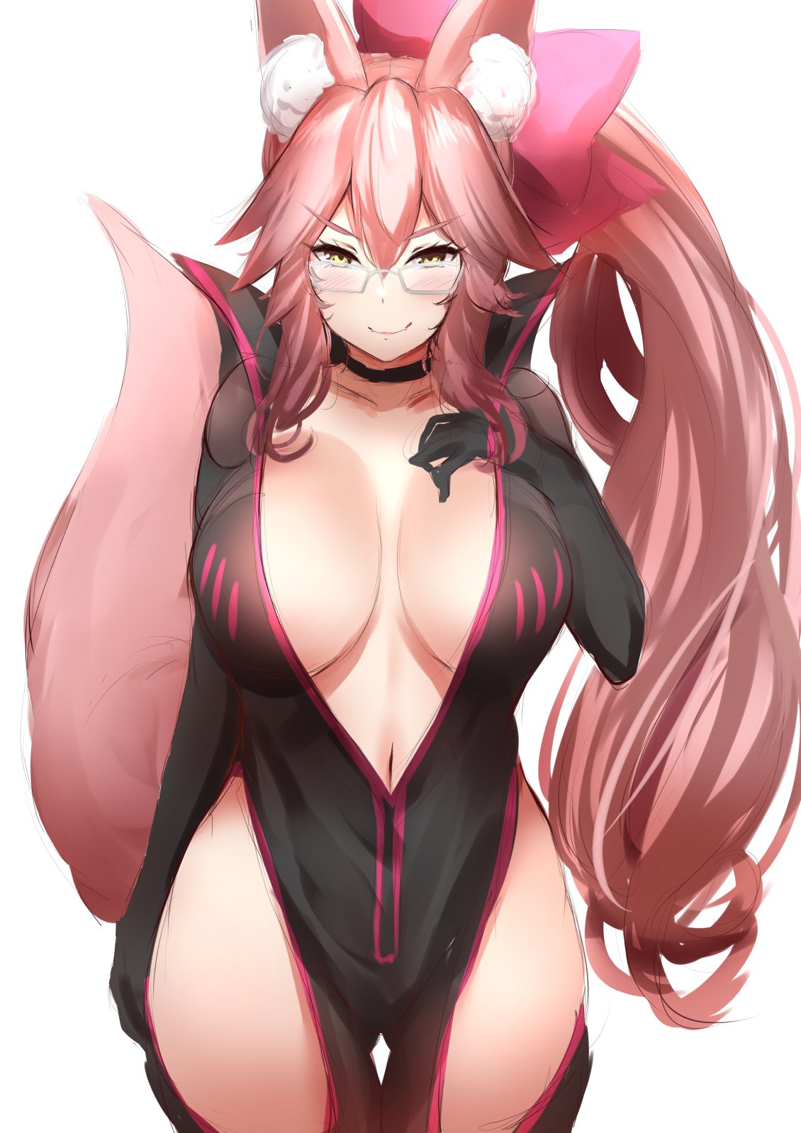 1girl animal_ear_fluff animal_ears bangs black_bodysuit blush bodysuit bow breasts center_opening choker cleavage closed_mouth fate/grand_order fate_(series) fox_ears fox_girl fox_tail glasses hair_between_eyes hair_bow highres hip_vent john_zhang koyanskaya_(fate) large_breasts long_hair looking_at_viewer pink_bow pink_hair ponytail sidelocks smile solo tail tamamo_(fate)_(all) thighs yellow_eyes