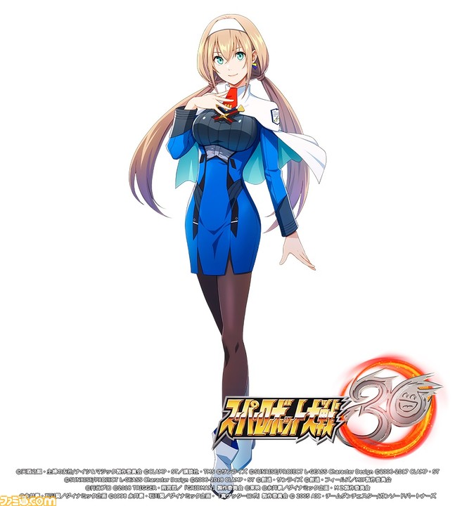 1girl bangs blue_eyes blue_skirt breasts capelet crossed_legs famitsu hair_behind_ear hairband hand_on_own_chest head_tilt logo long_hair looking_at_viewer medium_breasts official_art open_hand pantyhose skirt smile sogabe_shuuji solo super_robot_wars super_robot_wars_30 twintails uniform watermark white_background white_capelet white_hairband