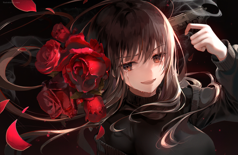 1girl :d artist_name bangs breasts brown_eyes commentary_request flower gradient gradient_background gun gun_to_head hair_flower hair_ornament handgun holding holding_gun holding_weapon large_breasts long_hair long_sleeves looking_at_viewer open_mouth original petals pistol red_flower red_rose rose sig_sauer sig_sauer_p226 smile solo steam suicide sweater tears unity_(ekvmsp02) upper_body upper_teeth weapon