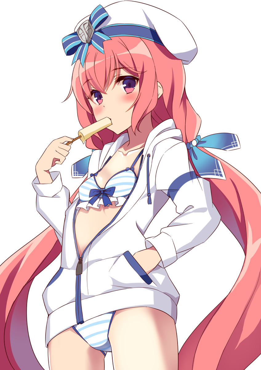 1girl acapulco_(mist_train_girls) beret bikini breasts collarbone cowboy_shot eating food hair_ribbon hand_in_pocket hat highres jacket long_hair long_sleeves looking_at_viewer low_twintails mist_train_girls open_clothes open_jacket partially_unzipped pink_eyes pink_hair popsicle ribbon simple_background small_breasts solo string_bikini striped striped_bikini swimsuit twintails very_long_hair white_background white_bikini white_headwear white_jacket yuuki_yuu