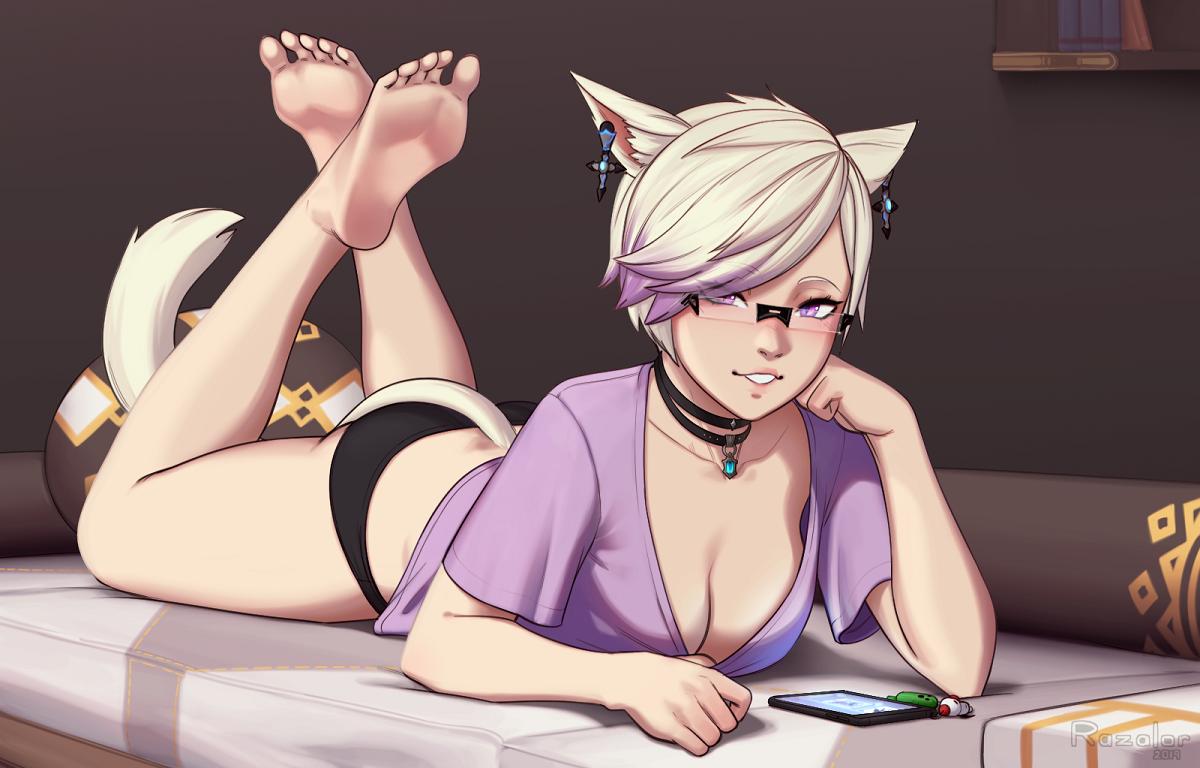 1girl animal_ears ass bangs bare_legs barefoot black_choker black_panties blush breasts cat_ears cat_tail cellphone choker cleavage cleavage_reach commission crop_top cross cross_earrings crossed_ankles downblouse earrings english_commentary feet feet_up fictional_persona final_fantasy final_fantasy_xiv full_body glasses head_rest jewelry large_breasts legs_up looking_at_viewer lying maria_reya miqo'te multicolored_hair no_bra on_bed on_stomach panties phone platinum_blonde_hair purple_eyes purple_hair razalor rimless_eyewear second-party_source short_hair smartphone soles solo swept_bangs tail the_pose toes two-tone_hair underwear v-neck