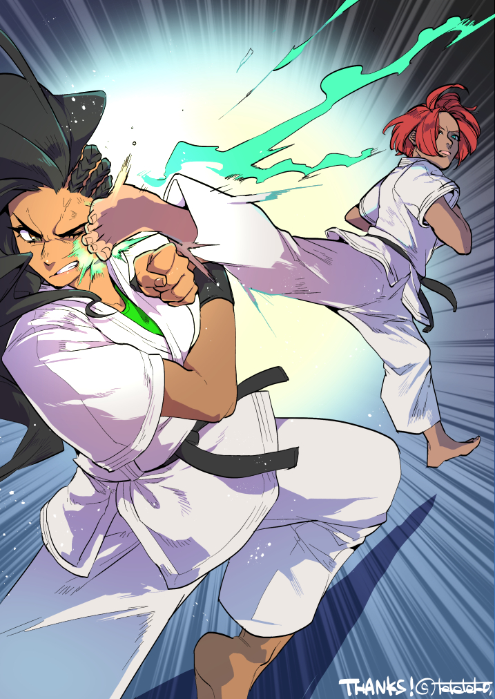 2girls asymmetrical_hair barefoot belt black_belt black_hair clenched_hand cornrows country_connection crossover dark-skinned_female dark_skin dougi emphasis_lines fighting fighting_stance giovanna_(guilty_gear) green_sports_bra guilty_gear guilty_gear_strive high_kick in_the_face karate_gi kicking laura_matsuda long_hair multiple_girls red_hair short_hair sports_bra street_fighter street_fighter_v teko_(tawake) toes