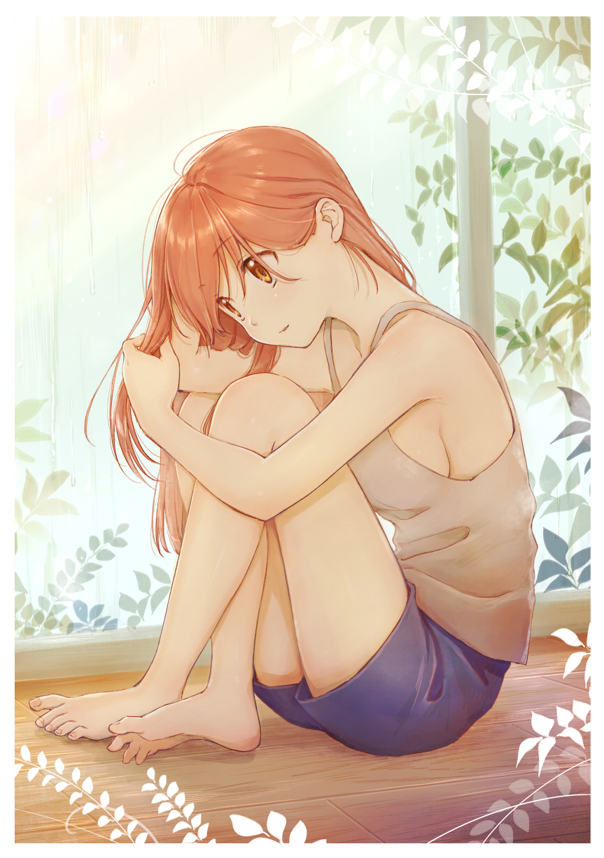 1girl bare_legs barefoot blue_shorts breasts face feet from_side full_body highres kawai_makoto knees_up long_hair on_floor orange_eyes orange_hair original playing_with_own_hair shorts sideboob sitting solo spread_toes tank_top toes wooden_floor