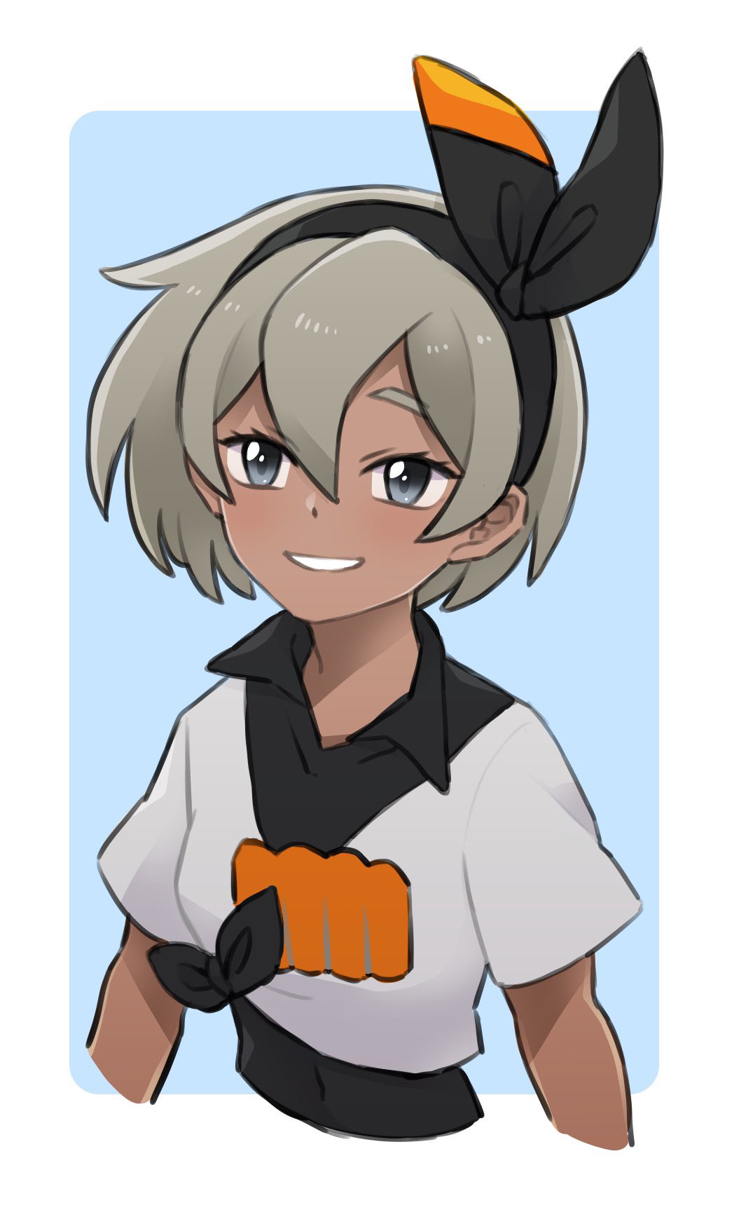 1girl bangs bea_(pokemon) black_bodysuit black_hairband bodysuit bodysuit_under_clothes border bow_hairband collared_shirt commentary eyelashes grey_eyes grey_hair gym_leader hair_between_eyes hairband highres pokemon pokemon_(game) pokemon_swsh print_shirt sakamata_(skmtaa) shirt short_hair short_sleeves smile solo tied_shirt upper_body white_border