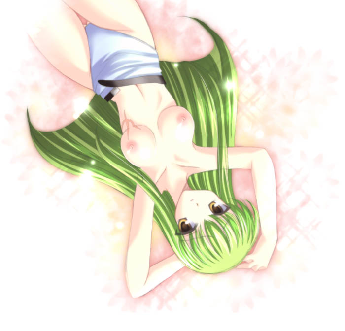 bangs breasts c.c. code_geass green_hair long_hair medium_breasts nipples no_bra scar solo tamagawa_yukimaru