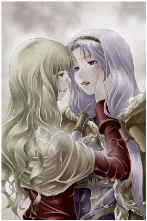2girls acolyte_(ragnarok_online) bangs blonde_hair brown_cape brown_shirt cape capelet commentary_request dress fur-trimmed_cape fur_trim hand_on_another's_face light_purple_hair long_hair looking_at_another lowres mr.romance multiple_girls open_mouth purple_dress ragnarok_online rain shirt upper_body wet wet_clothes white_capelet wizard_(ragnarok_online) yuri