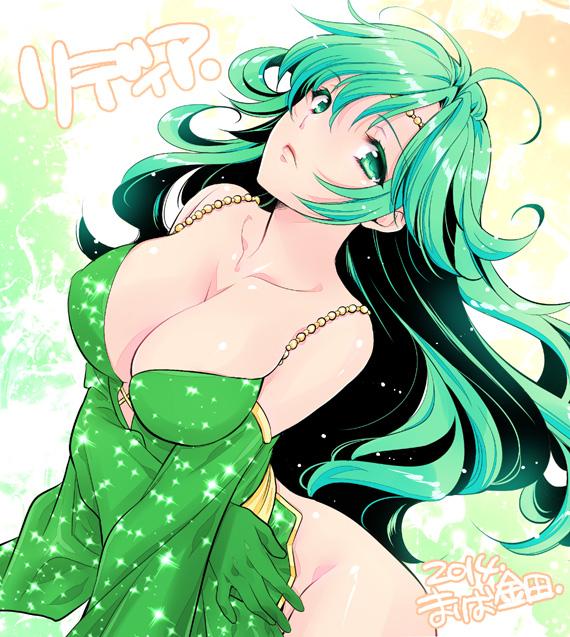 1girl 2014 breasts circlet cleavage closed_mouth detached_sleeves final_fantasy final_fantasy_iv green_eyes green_hair hair_ornament large_breasts long_hair looking_at_viewer mario_kaneda older rydia solo