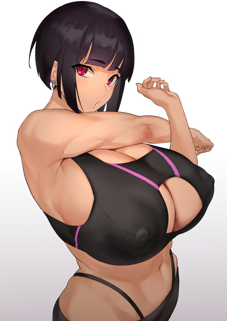 1girl bangs black_hair breasts cleavage cleavage_cutout clothing_cutout covered_nipples cowboy_shot cross-body_stretch earrings grey_background highleg highleg_panties hime_cut huge_breasts jewelry looking_at_viewer navel obmas_(pfeito) original panties red_eyes short_hair shorts solo sports_bra stretch underwear