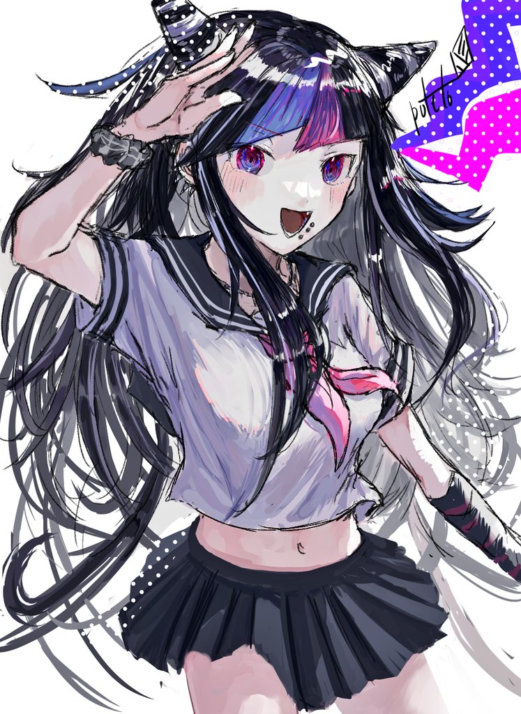 1girl :d bangs black_hair black_sailor_collar blue_eyes blue_hair cowboy_shot danganronpa_(series) danganronpa_2:_goodbye_despair ear_piercing hair_horns hand_up jewelry long_hair looking_at_viewer lower_teeth midriff miniskirt mioda_ibuki multicolored_hair navel open_mouth piercing pink_eyes pink_hair pleated_skirt sailor_collar salute school_uniform scrunchie serafuku shiny shiny_hair shirt short_sleeves simple_background sketch skirt smile soba_kichi_(sobagoma) solo symbol-only_commentary white_background white_hair white_shirt wrist_scrunchie