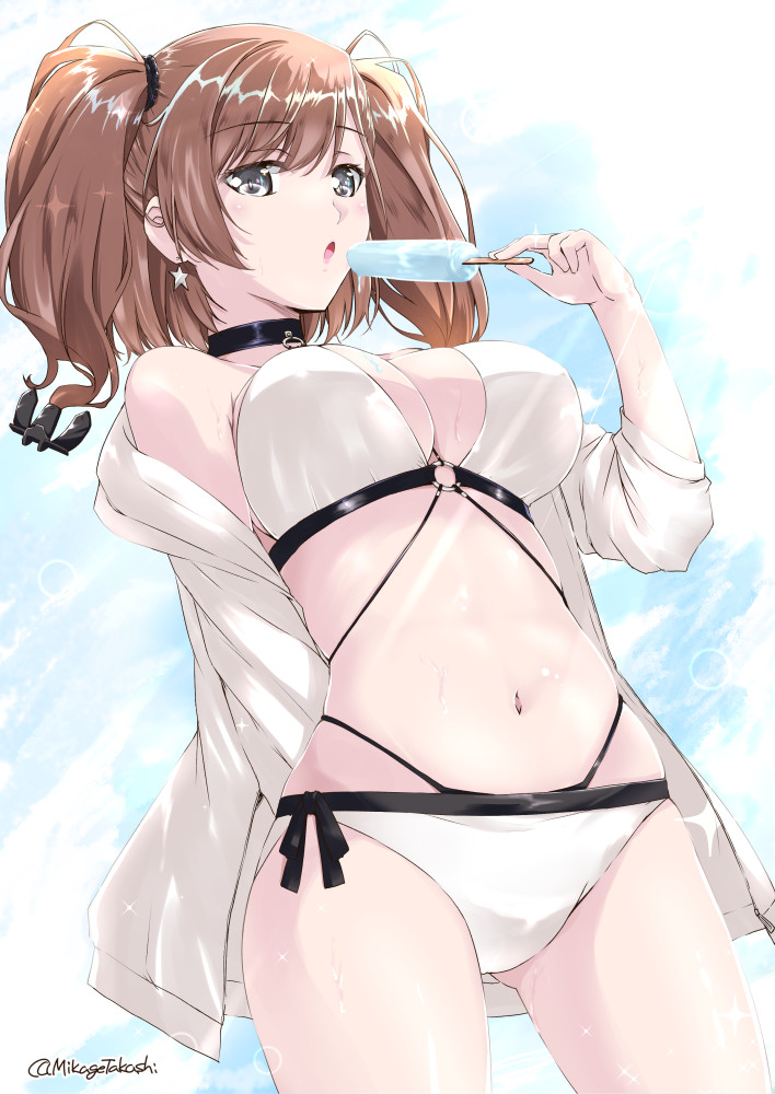 1girl atlanta_(kancolle) bikini black_choker blush breasts brown_hair choker cleavage collarbone cowboy_shot earrings eyebrows_visible_through_hair food grey_eyes holding holding_food jacket jewelry kantai_collection large_breasts long_hair mikage_takashi navel o-ring o-ring_bikini open_clothes open_jacket open_mouth popsicle simple_background solo star_(symbol) star_earrings swimsuit twitter_username two_side_up white_background white_bikini white_jacket