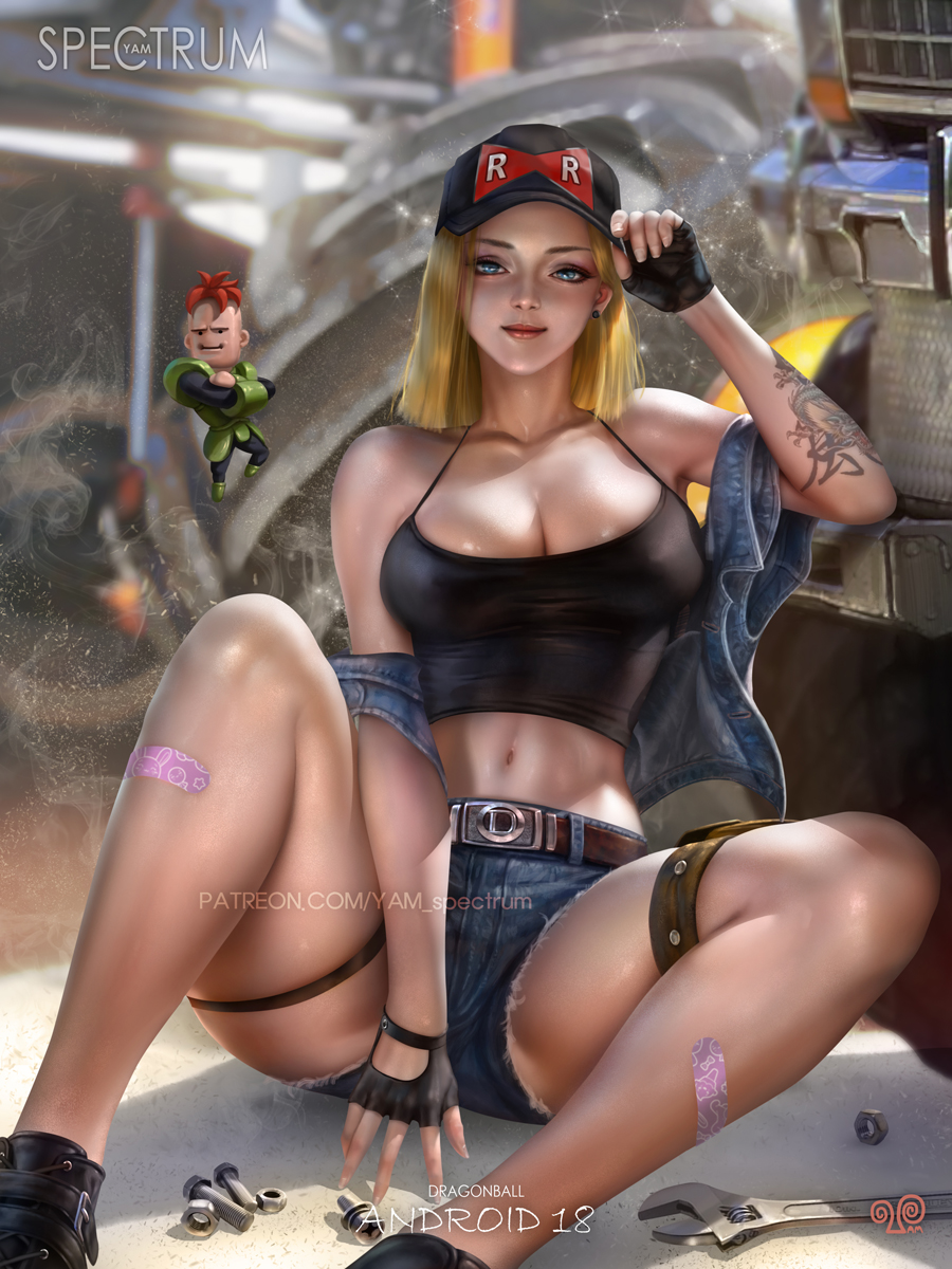 1girl android_16 android_18 arm_tattoo artist_name ass bandaid baseball_cap between_legs black_gloves black_headwear black_shirt blonde_hair blue_eyes bolt breasts car character_name cleavage closed_mouth clothing_cutout commentary copyright_name covered_nipples crop_top denim denim_jacket denim_shorts dragon_ball dragon_ball_z ear_piercing english_commentary feet_out_of_frame fingerless_gloves gloves ground_vehicle hand_between_legs hat hat_tip highres jacket_partially_removed junkyard large_breasts lips lipstick looking_at_viewer makeup motor_vehicle navel navel_cutout piercing red_lips red_ribbon_army screw shiny shiny_skin shirt shorts smile spread_legs tank_top tattoo thick_thighs thigh_strap thighs twitter_username watermark web_address wrench yam_spectrum