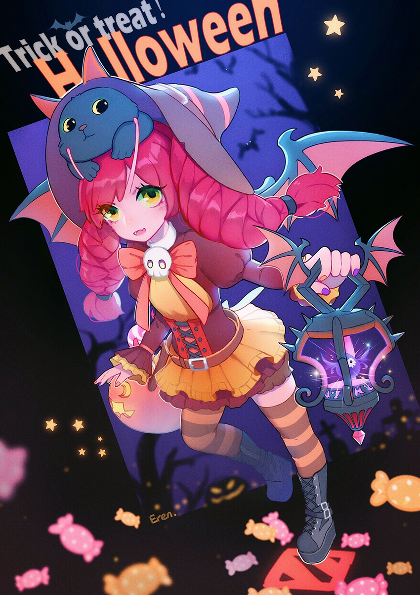 1girl :o bangs bat bat_wings black_footwear boots bow bowtie branch cage candy cat colored_skin dark_willow defense_of_the_ancients dota_2 dress eren_(artist) food full_body hair_between_eyes halloween halloween_costume hat highres holding horns lollipop long_hair long_sleeves looking_at_viewer night night_sky open_mouth pink_hair pink_skin pumpkin sky star_(sky) star_(symbol) striped striped_legwear tree twintails wings witch witch_hat yellow_eyes