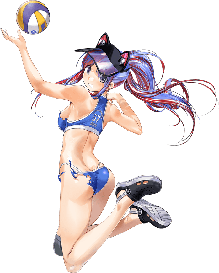 1girl animal_hat ass blue_hair blue_tank_top breasts cat_hat cleavage collarbone full_body gradient gradient_background grey_eyes hat kantai_collection large_breasts long_hair multicolored multicolored_clothes multicolored_hair official_art ponytail red_hair south_dakota_(kancolle) sports_bikini tank_top transparent_background volleyball white_hair zeco