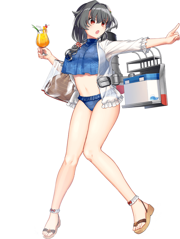 1girl akasaka_yuzu bag bikini black_hair blue_bikini braid breasts cooler cup drink frilled_bikini frilled_bikini_bottom frills full_body hair_flaps hair_intakes hair_ornament hair_over_shoulder hairclip holding holding_cup huge_breasts jingei_(kancolle) kantai_collection long_hair low_ponytail machinery navel official_art open_mouth pointing red_eyes sandals shoulder_bag single_braid solo standing swimsuit transparent_background transparent_bag turtleneck