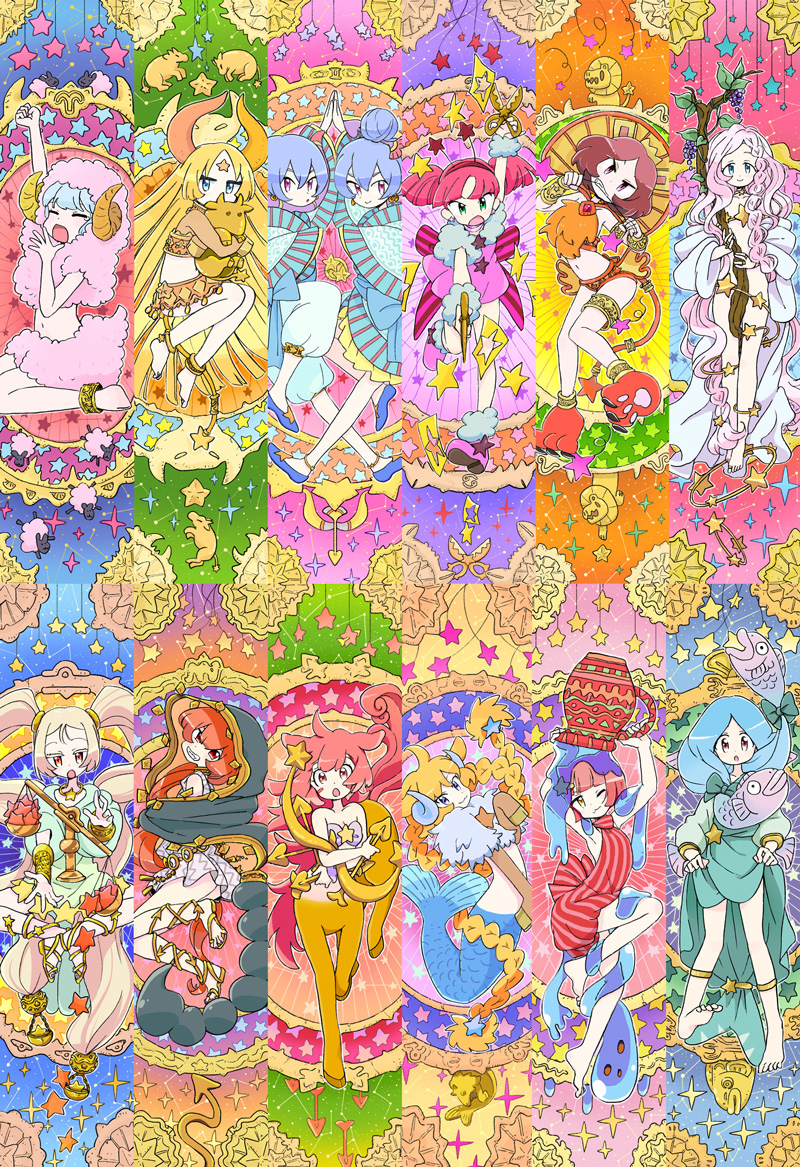 6+girls :3 :o ahoge animal_ears anklet aqua_hair aquarius aries arm_up arms_up arrow_(projectile) arthropod_girl bangs barefoot blonde_hair blue_eyes blue_footwear blue_hair bow bow_(weapon) braid branch breasts cancer capricorn centaur clenched_teeth closed_mouth dress earrings facial_hair facial_mark fish food forehead_mark fruit gemini grapes green_eyes grin hair_between_eyes hair_bow hair_bun hair_ornament hairband hand_to_hand holding holding_arrow holding_scissors holding_weapon hood hood_up hooves horns horoscope jewelry leaf leg_up leo libra long_hair long_sleeves mermaid mokeo monster_girl multiple_girls navel nude one_eye_closed open_mouth original paper paw_boots pink_eyes pink_footwear pink_hair pisces red_eyes red_hair sagittarius sandals scissors scorpio scorpion_girl scorpion_tail sheep short_hair side_braids slime_(substance) smile sparkle star_(symbol) star_hair_ornament stretch striped tail taur taurus tears teeth twin_braids vase very_long_hair virgo wavy_mouth weapon weighing_scale wide_sleeves yawning yellow_eyes