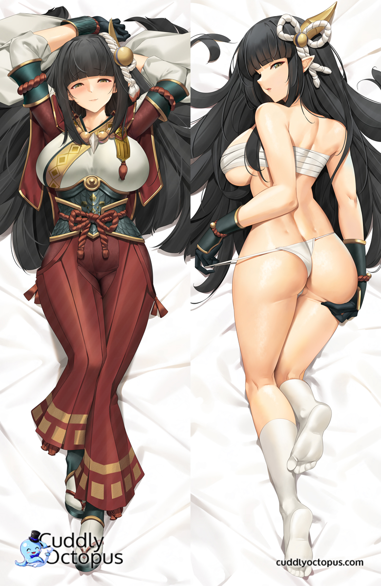 2girls armor arms_up ass ass_grab bangs bead_necklace beads black_hair breast_squeeze breasts cheek_pull cleavage_cutout clothing_cutout crotch_cutout dakimakura_(medium) eyebrows_visible_through_hair gloves hair_ornament highres hinoa japanese_clothes jewelry large_breasts legs_together looking_at_viewer looking_back lying monster_hunter_(series) monster_hunter_rise multiple_girls necklace nipples on_back on_stomach pointy_ears pubic_hair pussy pussy_juice red_legwear sarashi seductive_smile sideboob smile spread_ass tony_guisado wet