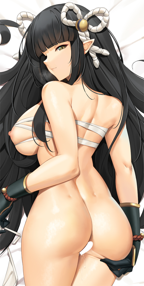 1girl ass ass_grab bangs black_hair breast_squeeze breasts cheek_pull dakimakura_(medium) eyebrows_visible_through_hair gloves hair_ornament large_breasts legs_together looking_at_viewer looking_back lying minoto monster_hunter_(series) monster_hunter_rise nipples on_stomach pointy_ears pussy_juice sarashi seductive_smile sideboob smile spread_ass tony_guisado wet