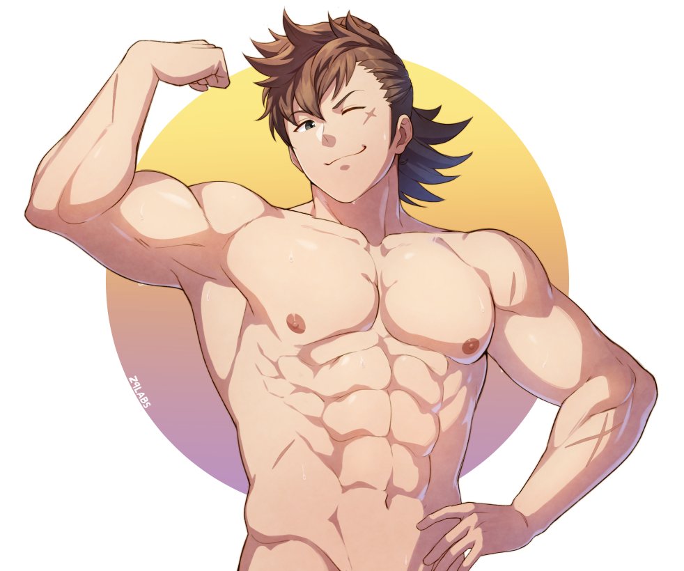 1boy ;3 abs armpits bara biceps brown_hair completely_nude fire_emblem fire_emblem_fates flexing groin hinata_(fire_emblem) large_pectorals long_sideburns male_focus muscular muscular_male navel nipples nude one_eye_closed pectorals pose scar scar_on_arm scar_on_cheek scar_on_face short_hair sideburns smile solo stomach zink_(zink_mchn)