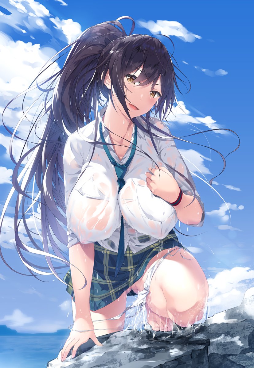 1girl ass_visible_through_thighs bangs beach black_hair blue_sky blush breasts covered_nipples green_neckwear green_skirt hair_between_eyes high_ponytail highres homu_(seven_deadly_sins) idolmaster idolmaster_shiny_colors large_breasts long_hair looking_at_viewer loose_necktie necktie ocean open_mouth panties panty_pull plaid plaid_skirt pleated_skirt ponytail rock school_uniform shirase_sakuya skirt sky smile solo thighs underwear wet wet_clothes white_panties yellow_eyes