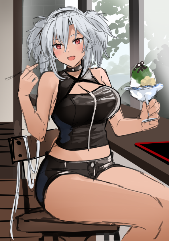 1girl alternate_costume black_hairband black_shorts breasts chair cleavage commentary_request crop_top hair_between_eyes hairband kantai_collection long_hair looking_at_viewer musashi_(kancolle) no_eyewear red_eyes shaved_ice short_shorts shorts silver_hair sitting smile solo spoon twintails window work_in_progress yunamaro