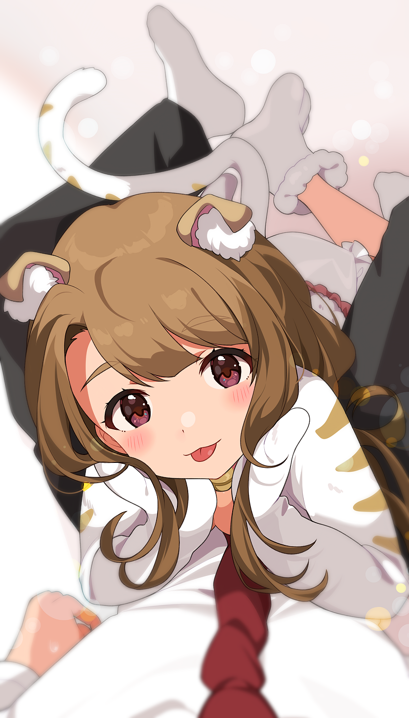 1boy 1girl :p animal_costume animal_ear_fluff animal_ears black_pants blush brown_hair dog_ears eyebrows_visible_through_hair head_tilt highres idolmaster idolmaster_million_live! idolmaster_million_live!_theater_days inuyama_nanami long_hair looking_at_viewer miyao_miya necktie on_person pants paw_boots red_eyes red_neckwear shirt smile tongue tongue_out white_shirt