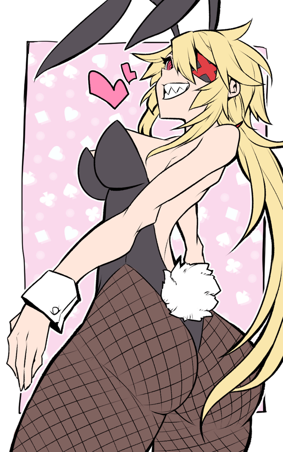 1girl animal_ears black_general black_leotard blonde_hair breasts bunny_day commentary_request eyepatch fake_animal_ears fake_tail fishnet_legwear fishnets floating_heart from_behind heart highres jin_(mugenjin) large_breasts leotard long_hair looking_at_viewer playboy_bunny purple_eyes rabbit_ears rabbit_tail solo spiked_hair strapless strapless_leotard tail wrist_cuffs zannen_onna-kanbu_black_general-san