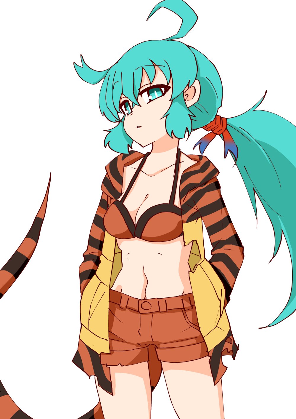 1girl 370ml adapted_costume alternate_hairstyle bikini bikini_top blue_eyes blue_hair brown_bikini brown_shorts collarbone commentary cowboy_shot eyebrows_visible_through_hair hair_tie hands_in_pockets highres hood hood_down hoodie kemono_friends long_hair long_sleeves looking_at_viewer midriff navel ponytail print_hoodie short_shorts shorts snake_print snake_tail swimsuit tail tsuchinoko_(kemono_friends)