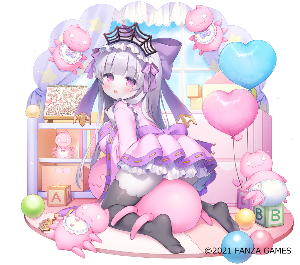 1girl :d ass balloon bangs black_legwear bow breasts building_block character_request commentary_request curtains day dress eyebrows_visible_through_hair from_behind fruits_fulcute! grey_hair hair_bow hand_up heart_balloon long_hair long_sleeves looking_at_viewer looking_back medium_breasts no_shoes official_art open_mouth pink_dress pleated_dress purple_bow purple_eyes ribbon-trimmed_dress simple_background smile soles solo thick_eyebrows thighhighs usashiro_mani very_long_hair watermark white_background wide_sleeves window