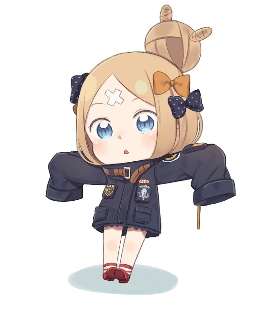 1girl :&lt; abigail_williams_(fate) bangs black_bow black_jacket blonde_hair blue_eyes blush bow crossed_bandaids fate/grand_order fate_(series) full_body hair_bow hair_bun heroic_spirit_traveling_outfit jacket looking_at_viewer orange_bow outstretched_arms parted_bangs parted_lips polka_dot polka_dot_bow red_footwear shoe_soles shoes sleeves_past_fingers sleeves_past_wrists solo spread_arms totatokeke triangle_mouth