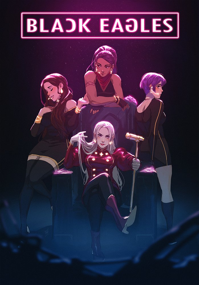 4girls bernadetta_von_varley brown_hair closed_mouth denimcatfish dorothea_arnault edelgard_von_hresvelg english_commentary fire_emblem fire_emblem_heroes long_hair microphone_stand multiple_girls petra_macneary purple_hair short_hair smile standing thighhighs throne white_hair