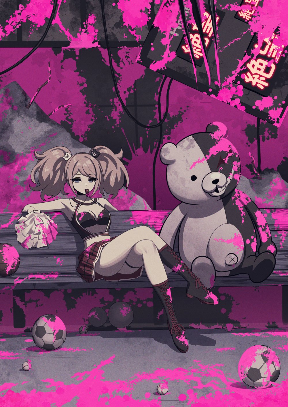 1girl alternate_costume ball bangs basket bear_hair_ornament bench black_bra black_footwear blood bloody_clothes blue_eyes boots bored bra breasts cheerleader choker cleavage commentary_request crossed_legs danganronpa:_trigger_happy_havoc danganronpa_(series) deadnooodles enoshima_junko eyebrows_visible_through_hair full_body hair_ornament highres knee_boots looking_at_viewer medium_breasts miniskirt monokuma mouth_hold open_mouth pink_blood pink_theme plaid plaid_skirt pleated_skirt pom_pom_(cheerleading) pool_of_blood red_skirt shiny shiny_hair sitting skirt soccer_ball translation_request twintails underwear