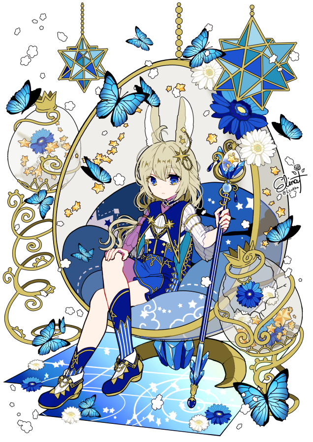 1girl animal_ears blonde_hair blue_eyes blue_flower bug bunny_day butterfly capelet egg_chair flower hair_ornament hand_on_own_knee holding holding_staff insect long_hair looking_at_viewer murasaki_daidai_etsuo original rabbit_ears shoes short_sleeves sitting solo staff star_(symbol) star_hair_ornament white_flower