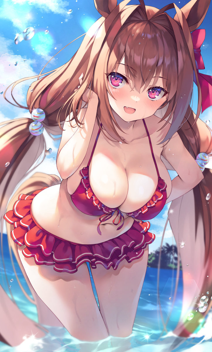 1girl animal_ears bare_shoulders bikini breasts brown_hair collarbone commentary_request daiwa_scarlet_(umamusume) day fang frilled_bikini frills front-tie_bikini front-tie_top hair_between_eyes hair_bobbles hair_intakes hair_ornament highres horse_ears horse_girl large_breasts leaning_forward long_hair looking_at_viewer navel ocean official_alternate_costume outdoors palm_tree red_bikini red_eyes smile solo summer swimsuit tiara tomose_shunsaku tree twintails umamusume very_long_hair wading wet