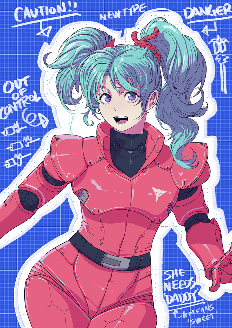 1girl bangs blue_hair butcherboy char's_counterattack english_text fangs flat_chest gloves grid gundam hair_behind_ear looking_at_viewer open_mouth pilot_suit purple_eyes quess_paraya red_gloves smile solo twintails uneven_twintails