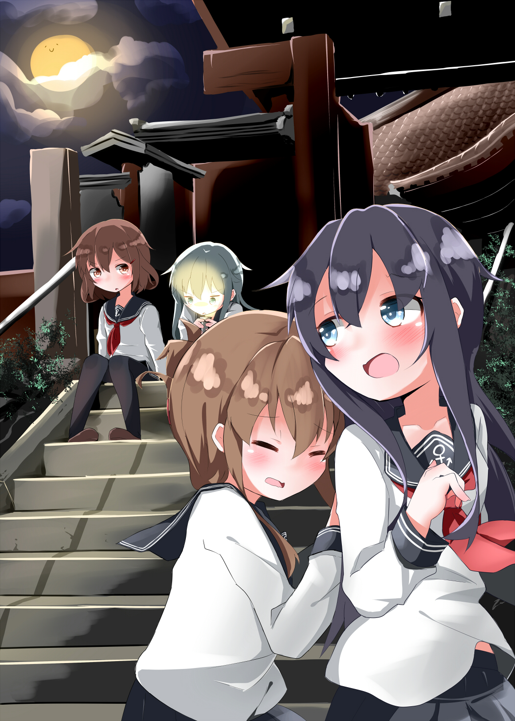 4girls akatsuki_(kancolle) anchor_symbol attokyu black_legwear black_sailor_collar blue_eyes blush brown_eyes brown_footwear brown_hair closed_eyes eyebrows_visible_through_hair flashlight folded_ponytail full_moon hair_between_eyes hair_ornament hairclip hibiki_(kancolle) highres ikazuchi_(kancolle) inazuma_(kancolle) kantai_collection loafers long_hair long_sleeves moon multiple_girls neckerchief open_mouth purple_eyes purple_hair red_neckwear sailor_collar school_uniform serafuku shoes short_hair shrine silver_hair thighhighs