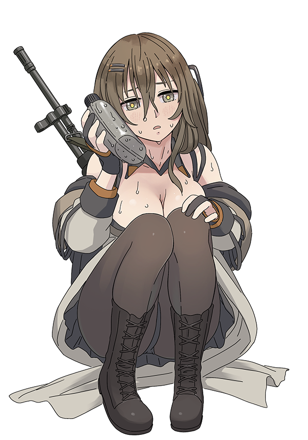 1girl :o assault_rifle bangs black_footwear boots breasts brown_eyes brown_hair canister cleavage daewoo_k2 fingerless_gloves full_body girls'_frontline gloves gun hair_between_eyes hair_ornament hairpin jacket k2_(girls'_frontline) long_hair long_sleeves open_mouth pantyhose rifle simple_background solo squatting sweat tab_(tabkun) weapon white_background white_jacket
